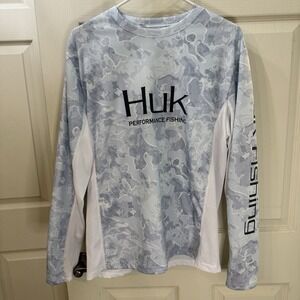 HUK Fishing Shirt Mens M Performance Long Sleeve Crewneck Outdoor Blue/White